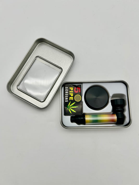Raucherset Alupfeife + Metallgrinder schwarz-rasta
