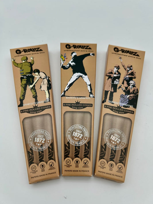G-ROLLZ Banksy's Graffiti - Bamboo Unbleached Extra Thin - 6 KS Cones
