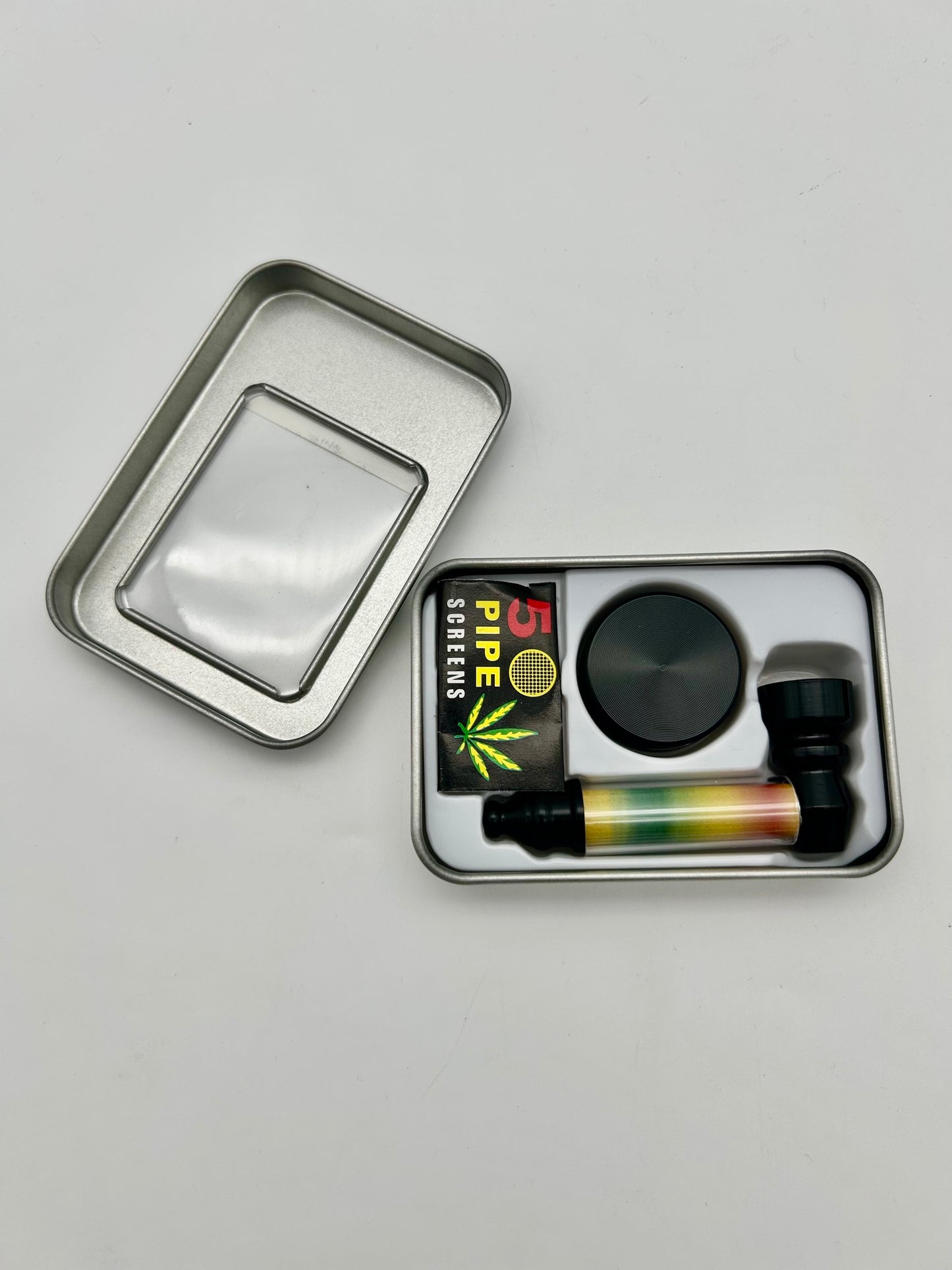 Raucherset Alupfeife + Metallgrinder schwarz-rasta