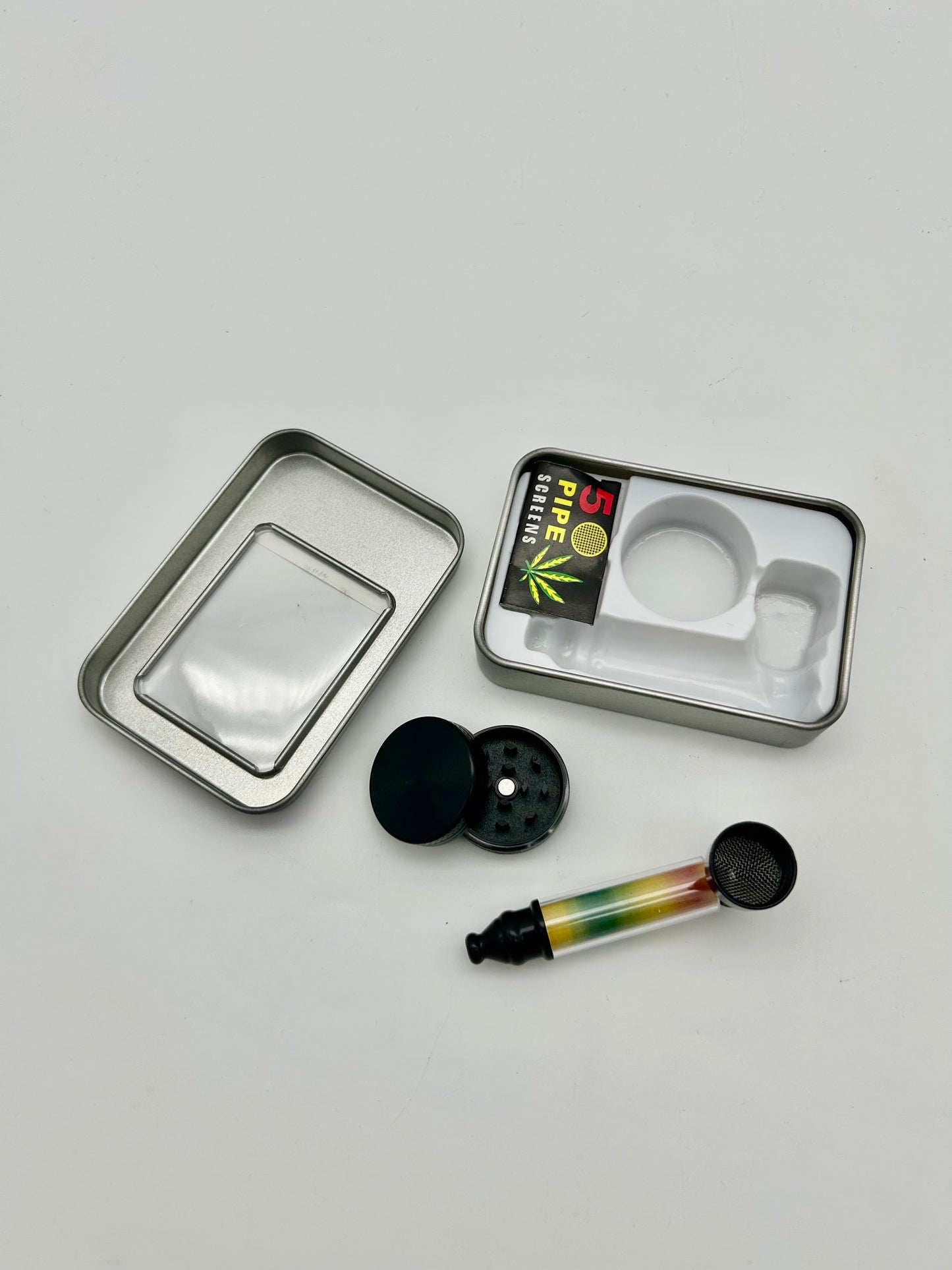 Raucherset Alupfeife + Metallgrinder schwarz-rasta