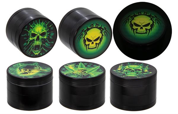 CNC Aluminium Grinder ø 50mm, 4-part - schwarz "glow in the dark - Skull"
