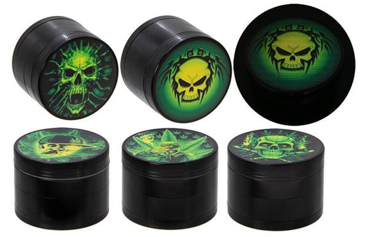 CNC Aluminium Grinder ø 50mm, 4-part - schwarz "glow in the dark - Skull"