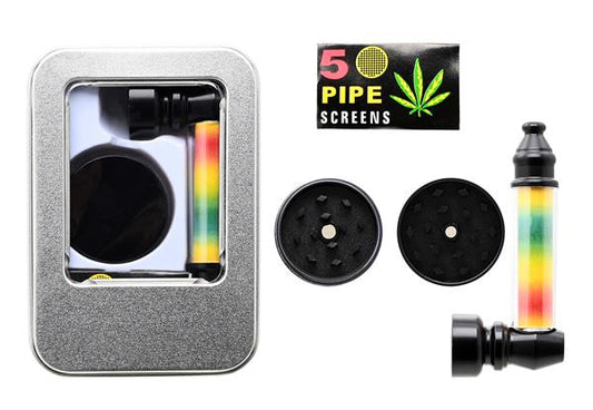 Raucherset Alupfeife + Metallgrinder schwarz-rasta