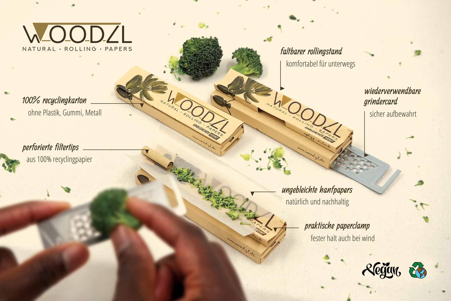 WOODZL King Size Slim Papers mit Tips + Drehablage + Grinderkarten Fach
